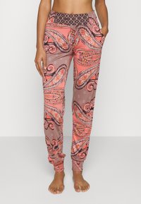 Mønstrede joggebukser i rosa og grå, med et paisley-design og fargerike detaljer, elastisk midjebånd og sidelommer.