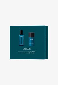 Das Set umfasst eine blaue Glasflasche Eau de Toilette und einen blauen Deostick, beide mit dem Etikett "Davidoff Cool Water", in einer passenden Box.