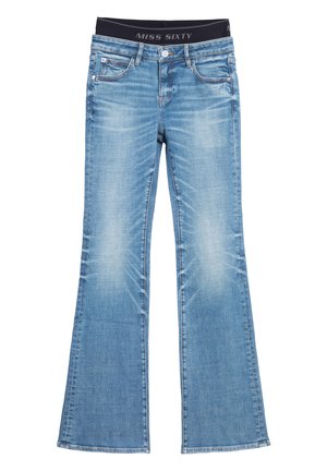 Flared blue denim jeans with a light wash. Features a black branded waistband, five pockets, and subtle fading throughout the fabric.