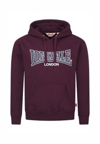 Bordowy hoodie z mieszanki bawełny, z kieszenią z przodu, kapturem ze sznurkiem oraz białym i niebieskim nadrukiem Lonsdale London.