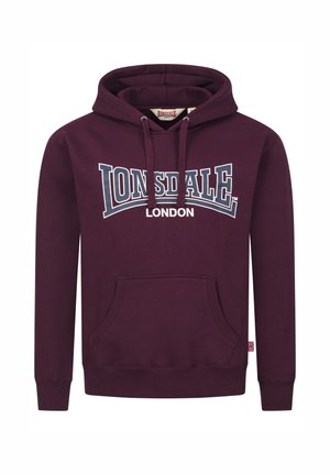Sudadera color marrón de mezcla de algodón, con un bolsillo frontal, capucha con cordón y gráfico de Lonsdale London en blanco y azul.
