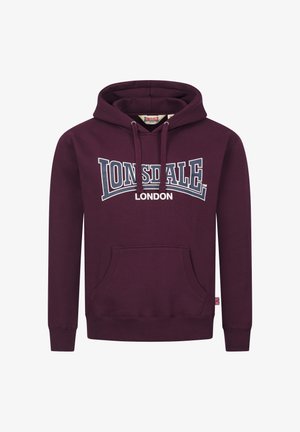 Sudadera color marrón de mezcla de algodón, con un bolsillo frontal, capucha con cordón y gráfico de Lonsdale London en blanco y azul.