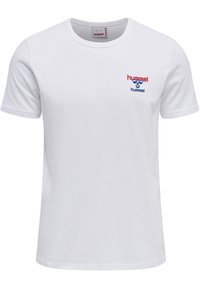 Hvid bomulds T-shirt med korte ærmer, med rød og blå "hummel" logo på venstre bryst og klassisk rund halsudskæring.