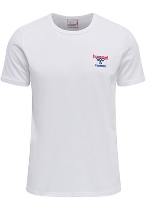Witte katoenen T-shirt met korte mouwen, voorzien van het rode en blauwe "hummel" logo op de linkerborst en een klassieke ronde halslijn.