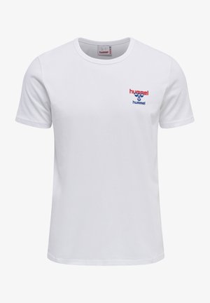 Hvid bomulds T-shirt med korte ærmer, med rød og blå "hummel" logo på venstre bryst og klassisk rund halsudskæring.