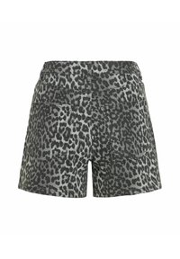 Short en jean pour femme avec imprimé léopard noir et gris, deux poches arrière et passants de ceinture, vu de dos.