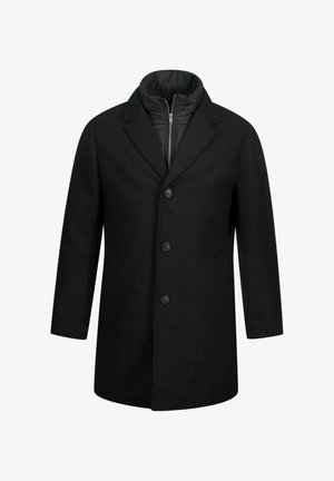 Cappotto in misto lana nero con colletto a punte, tre bottoni frontali e due tasche laterali. L'interno presenta un rivestimento trapuntato e una cerniera.