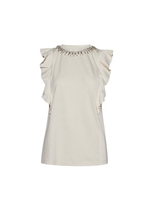 Top beige senza maniche con spacchi arricciati sulle maniche e scollo rotondo decorato con ornamenti in argento e cristallo.