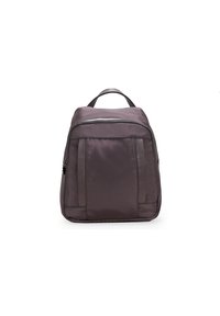Zaino grigio scuro realizzato in tessuto resistente, dotato di manico superiore, chiusura a zip e pannelli laterali con una sottile texture. Forma semplice e rettangolare.