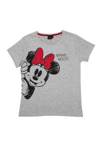 T-shirt grigio in cotone con una grafica di Minnie Mouse in bianco e nero con un fiocco rosso, maniche corte e scollatura rotonda.