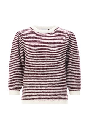 Pull rayé en bordeaux et blanc. Encolure ronde, manches trois-quarts, bords côtes aux poignets et à l'ourlet. Texture tricotée avec un tissu doux et respirant.
