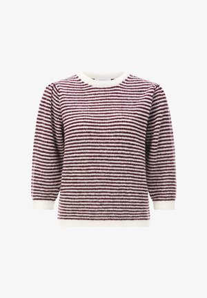 Gestreifter Pullover in Marine und Weiß. Rundhalsausschnitt, Dreiviertelärmel, gerippte Bündchen und Saum. Stricktextur mit weichem, atmungsaktivem Material.