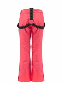 Pantaloni da sci rosa con design a schiena alta, imbracatura nera regolabile, tasche laterali con zip e polsini svasati con dettagli in tessuto.