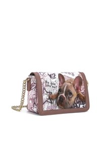 Borsa a tracolla con un design rosa e argento. Presenta una stampa di cani, una tracolla a catena e dettagli in finta pelle marrone. Inclusa la scritta "Mi ami?".