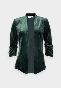 Mörkgrön sammetsjacka med en texturerad yta, öppen fram, och trekvartsärmar, med en slät, vikt krage.