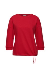 Maglia rossa a maniche lunghe con scollo rotondo, texture a costine e coulisse laterale per regolare la vestibilità dell'orlo.