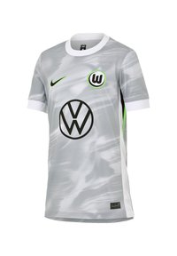 Grau Sporttrikot mit einem Wirbelmuster, weißem Kragen und grünen Akzenten. Mit schwarzem Volkswagen-Logo und weißem Nike-Swoosh.