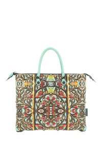 Borsa a tracolla con motivo floreale, base marrone, manici turchesi e dettagli con cerniera. Realizzata in materiale sintetico con disegni intricati.