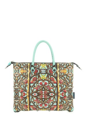 Borsa a tracolla con motivo floreale, base marrone, manici turchesi e dettagli con cerniera. Realizzata in materiale sintetico con disegni intricati.