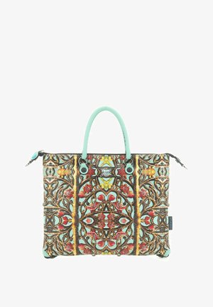 Borsa a tracolla con motivo floreale, base marrone, manici turchesi e dettagli con cerniera. Realizzata in materiale sintetico con disegni intricati.
