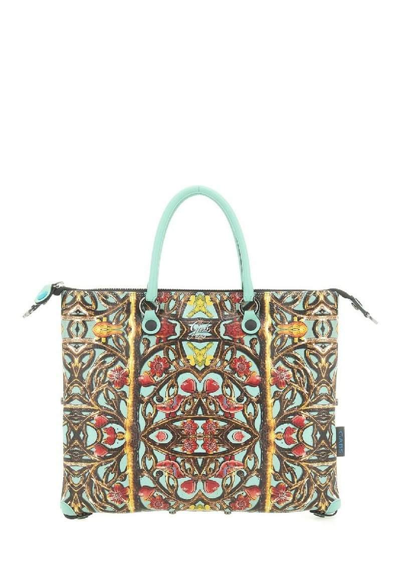 Borsa a tracolla con motivo floreale, base marrone, manici turchesi e dettagli con cerniera. Realizzata in materiale sintetico con disegni intricati.