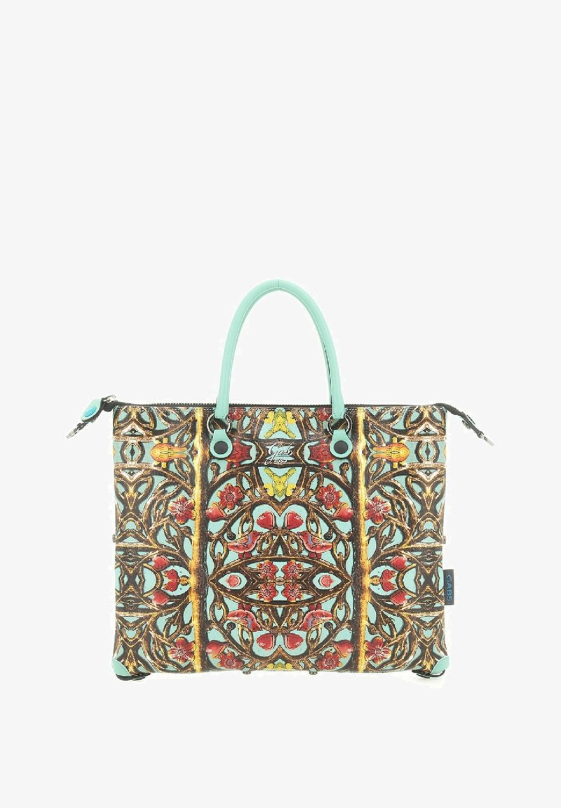 Borsa a tracolla con motivo floreale, base marrone, manici turchesi e dettagli con cerniera. Realizzata in materiale sintetico con disegni intricati.