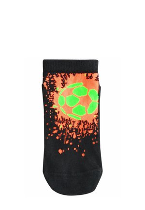 Czarna skarpetka bawełniana z jasnopomarańczowym i zielonym wzorem piłki nożnej z akcentami w stylu plamy, krótka długość i ściągacz.