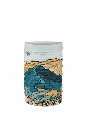 Braga de cuello tubular multifuncional con diseño abstracto de montaña y naturaleza en tonos azules, beige y blancos, con logo Buff.