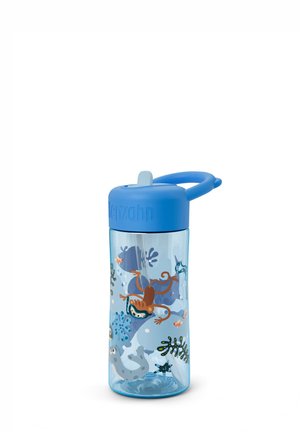 Blue plastic water bottle with a flip-top lid and handle. Features underwater-themed illustrations of marine life in vibrant colors.