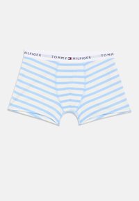 Modré a biele pruhované pánske boxerky s bielym pásom so značkou a emblémom vlajky Tommy Hilfiger.