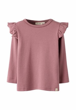 Maglietta a maniche lunghe in morbido tessuto rosa chiaro, con dettagli arricciati sulle spalle e un collo tondo. Etichetta visibile in basso a sinistra.