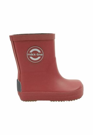 Roter Gummiregenstiefel mit glatter Oberfläche, strukturiertem grauem Akzent und rundem Logo. Robuste Sohle mit Profil für besseren Halt.