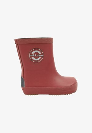 Rød gummistøvle med glat finish, tekstureret gråt accent og rundt logo. Robust sål med mønstrede detaljer for bedre greb.