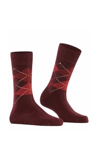 Calzini in cotone bordeaux con motivo a diamante in tonalità di rosso con accenti bianchi. Cuffie a coste e texture liscia. Altezza alla caviglia.