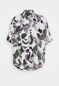 Chemise à manches courtes imprimée florale avec des motifs noirs, verts et roses sur un fond blanc. Design boutonné avec un col rabattu.