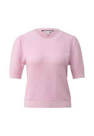 Lichtroze gebreide trui met korte mouwen, textuurpatroon, ronde halslijn en geribbelde manchetten en zoom.