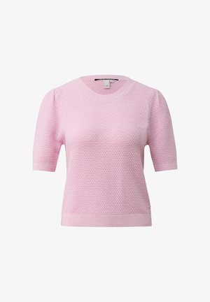 Lichtroze gebreide trui met korte mouwen, textuurpatroon, ronde halslijn en geribbelde manchetten en zoom.