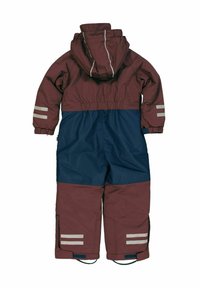 Körsbärs- och marinblå snödräkt med reflekterande ränder, huva och elastisk midja. Materialet verkar vara vattenavvisande med en slät textur.