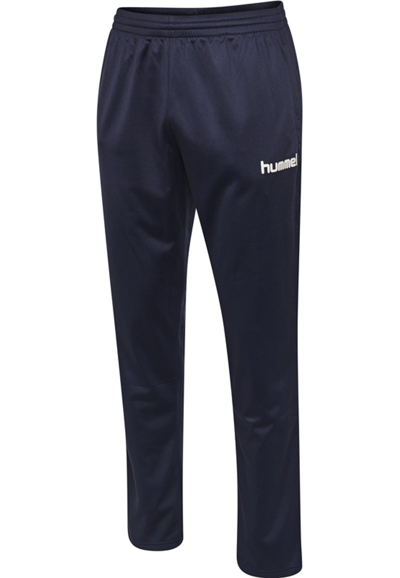 Pantalons de sport bleu marine en tissu lisse avec une taille élastique et un logo blanc sur la hanche gauche. Design à jambe droite.