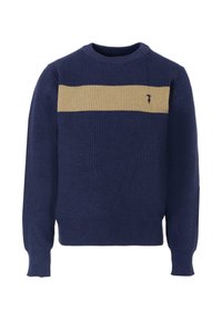 Granatowy sweter dzianinowy z beżowym poziomym paskiem na klatce piersiowej, okrągłym dekoltem, ryflowaną fakturą i małym logo po lewej stronie.