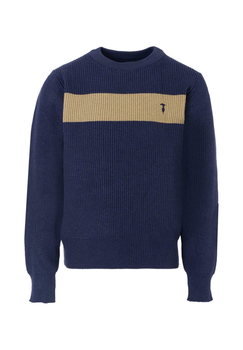 Granatowy sweter dzianinowy z beżowym poziomym paskiem na klatce piersiowej, okrągłym dekoltem, ryflowaną fakturą i małym logo po lewej stronie.