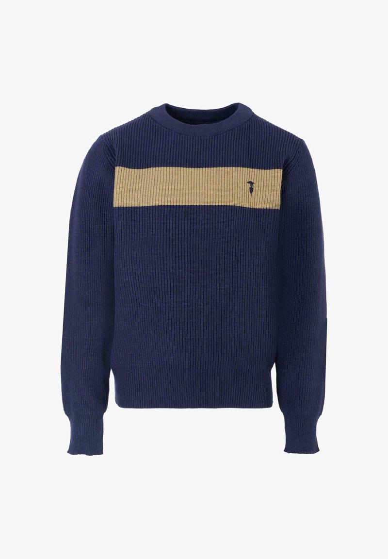 Granatowy sweter dzianinowy z beżowym poziomym paskiem na klatce piersiowej, okrągłym dekoltem, ryflowaną fakturą i małym logo po lewej stronie.