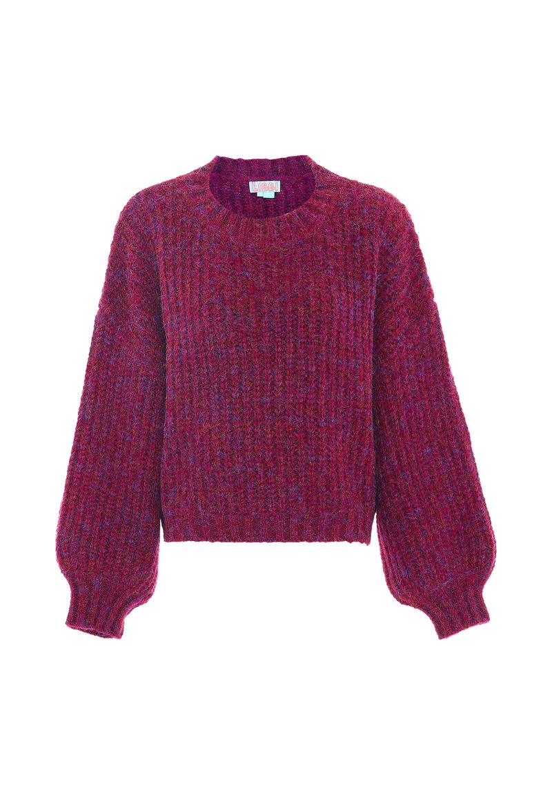 Maglione lavorato a maglia in tonalità miste di viola intenso e fucsia. Presenta un collo rotondo, una texture a coste e maniche a palloncino.