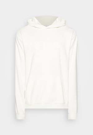 Weißer Hoodie aus weichem Material mit einer vorderen Kängurutasche, gerippten Bündchen und einem geprägten "FILA"-Logo auf der Brust.