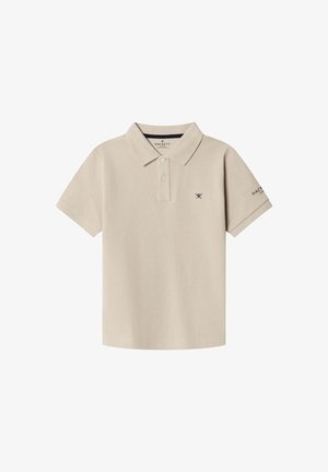 Beiges Poloshirt aus Baumwolle, mit Kragen, zwei Knöpfen und kleinem Logo auf der Brust. Kurzärmlig mit umgeschlagenen Bündchen.