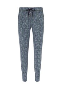 Mönstrade byxor i mörkgrön med en svart dragsko i midjan och knappdetaljer framtill. Slim fit-design. Mjuk tygtextur.
