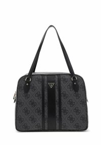 Sac à main noir et gris avec un motif texturé, comportant des accents en cuir, des poignées doubles, une fermeture éclair et une plaque logo à l'avant.