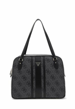 Sac à main noir et gris avec un motif texturé, comportant des accents en cuir, des poignées doubles, une fermeture éclair et une plaque logo à l'avant.