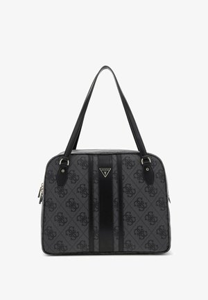 Sac à main noir et gris avec un motif texturé, comportant des accents en cuir, des poignées doubles, une fermeture éclair et une plaque logo à l'avant.