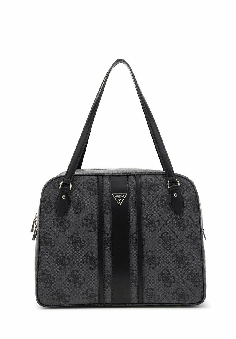 Sac à main noir et gris avec un motif texturé, comportant des accents en cuir, des poignées doubles, une fermeture éclair et une plaque logo à l'avant.